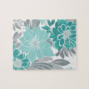 Quebra-cabeça Padrão Floral, Aqua, Teal, Turquesa e Cinzas