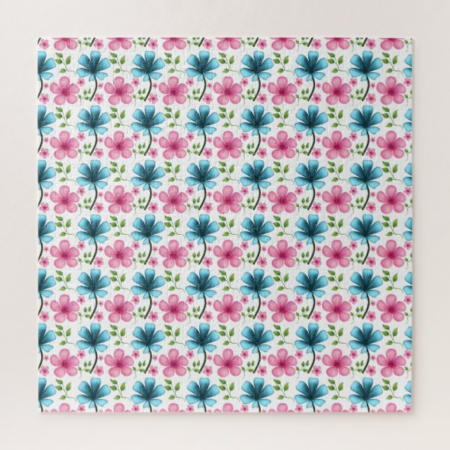 Quebra-cabeça Padrão floral azul e rosa (Vertical)