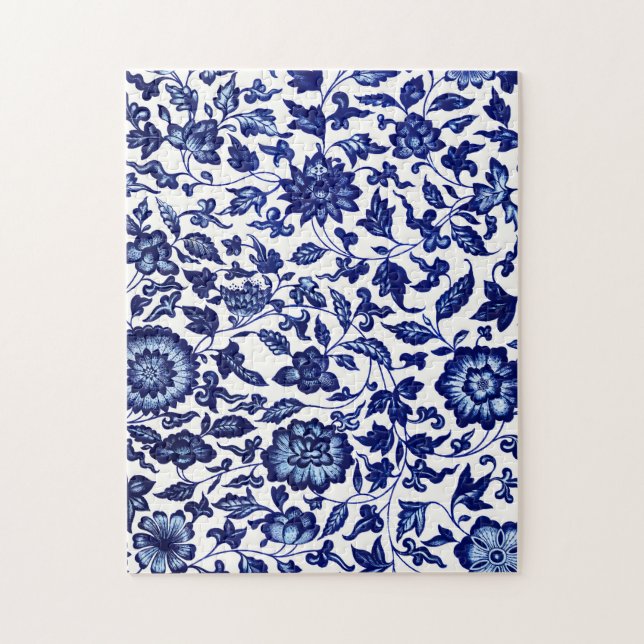 Quebra-cabeça Padrão floral azul-marinho chinês em branco (Vertical)
