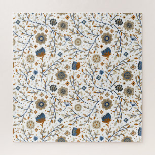 Quebra-cabeça Padrão Floral Desenhado à Mão em Azul, Laranja
