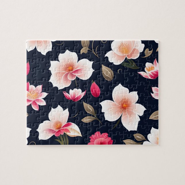 Quebra-cabeça Padrão Floral Flores Brancas e Rosas Lindas (Horizontal)
