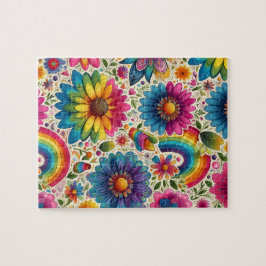 Quebra-cabeça Padrão Floral Hippie Arco-Íris Retrô