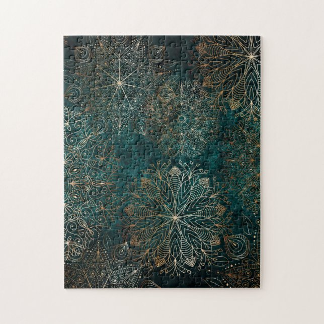 Quebra-cabeça Padrão Floral Verde Elegante, Dourado e Teal (Vertical)
