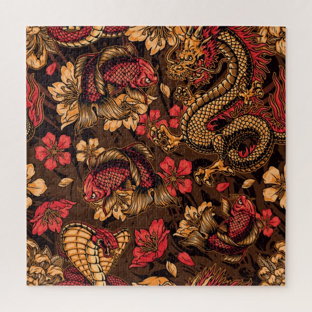 Quebra-cabeça Padrão koi do dragão japonês. (Vertical)