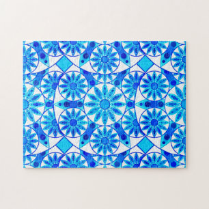 Quebra-cabeça Padrão Mandala, Azul Cobalto, Turquesa e Branco