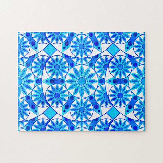 Quebra-cabeça Padrão Mandala, Azul Cobalto, Turquesa e Branco (Horizontal)