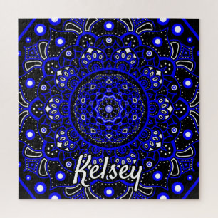 Quebra-cabeça Padrão Monograma de Mandala Azul, Preto e Branco