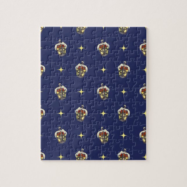 Quebra-cabeça Padrão Natalino Antigo com uma Lanterna no Azul (Vertical)