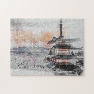 Quebra-cabeça Pagode Japonesa em Aquarela & Montanha Fuji Cênica