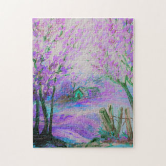 Quebra-cabeça Paisagem abstrata cor-de-rosa com árvores e casa