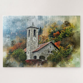 Quebra-cabeça Paisagem da Igreja de Autumn Watercolor