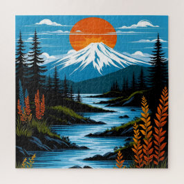 Quebra-cabeça Paisagem da Montanha Retroativa Ilustração Azul Ve