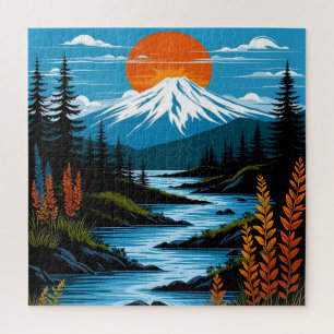 Quebra-cabeça Paisagem da Montanha Retroativa Ilustração Azul Ve