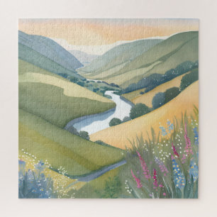 Quebra-cabeça Paisagem de Colinas Onduladas   Aquarela Bonita
