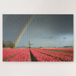 Quebra-cabeça Paisagem de Holland com arco-íris, tulipas, moinho