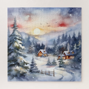 Quebra-cabeça Paisagem de Montanha e Aldeia na Cena de Neve