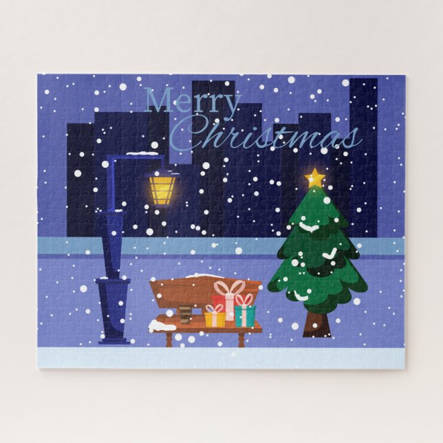 Quebra-cabeça Paisagem de Natal com candeeiro de rua, árvore e f (Horizontal)