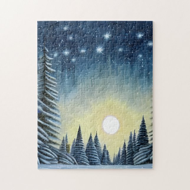 Quebra-cabeça Paisagem De Neve Evergreen Lua Sob As Estrelas Not (Vertical)