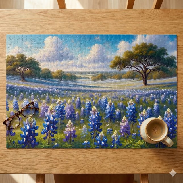 Quebra-cabeça Paisagem de Prado de Bluebonnet do Texas (Texas Bluebonnet Meadow Landscape Jigsaw Puzzle On Table)