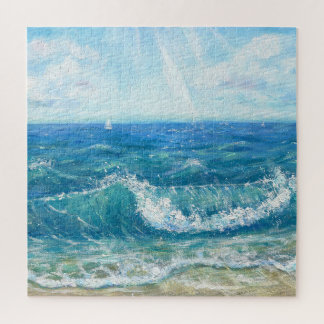 Quebra-cabeça Paisagem de verão, ondas azuis, pintura acrílica.