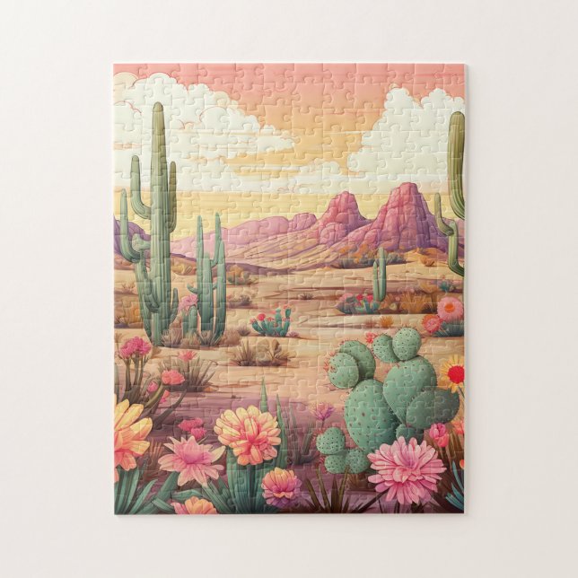 Quebra-cabeça Paisagem desértica com cacto e flores (Vertical)