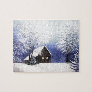 Quebra-cabeça paisagem do inverno da cabine da neve no pastel