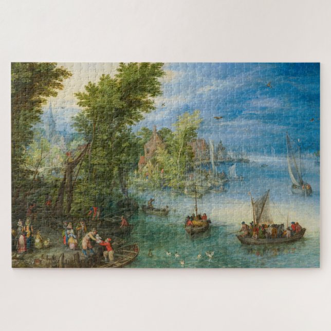 Quebra-cabeça Paisagem fluvial por Jan Brueghel, o Velho (Horizontal)