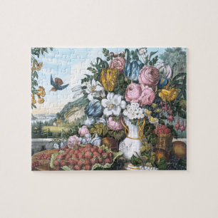 Quebra-cabeça Paisagem, fruta e flores