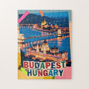 Quebra-cabeça Paisagem Noturna de Budapeste Hungria Colagem Pop