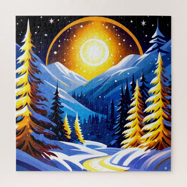 Quebra-cabeça Paisagem Noturna de Inverno Com Montanhas Nevadas (Vertical)