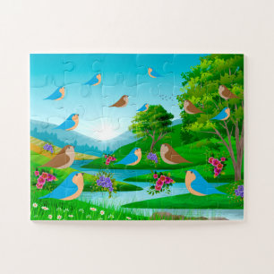 Quebra-cabeça Paisagem Rio Árvores Aves Flores Natureza, Idade 