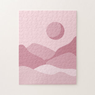 Quebra-cabeça Paisagem Rosa Boho Pastel Montanhas e Sol Lua
