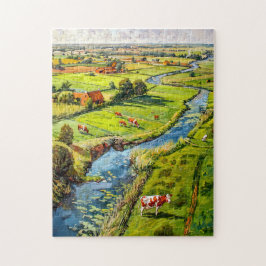 Quebra-cabeça Paisagem Rural com Vacas e Riacho Pintura Fantasia