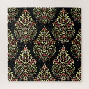 Quebra-cabeça paisley indiano, fundo negro geométrico