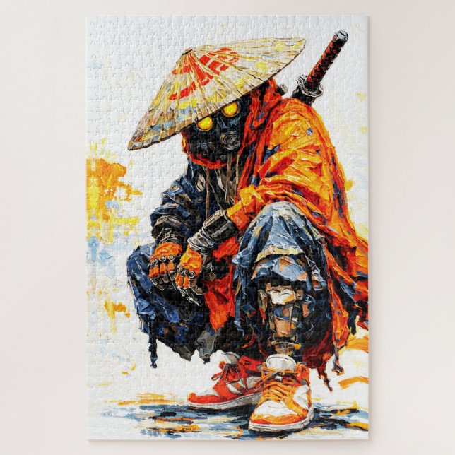 Quebra-cabeça Paleta de Ciber Samurai Laranja Neon Impasto (Vertical)