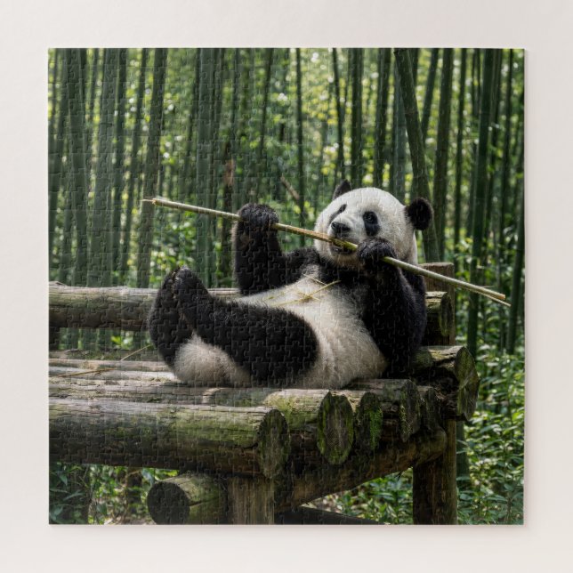 Quebra-cabeça Panda em uma Plataforma de Tronco (Vertical)