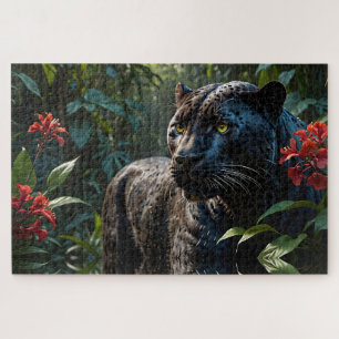 Quebra-cabeça Pantera Negra - Jaguar nas Flores Vermelhas Selvag