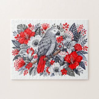 Quebra-cabeça Papagaio Cinzento Africano Hibisco Vermelho Ilustr