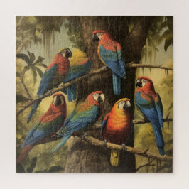 Quebra-cabeça Papagaios coloridos de cena botânica em árvore