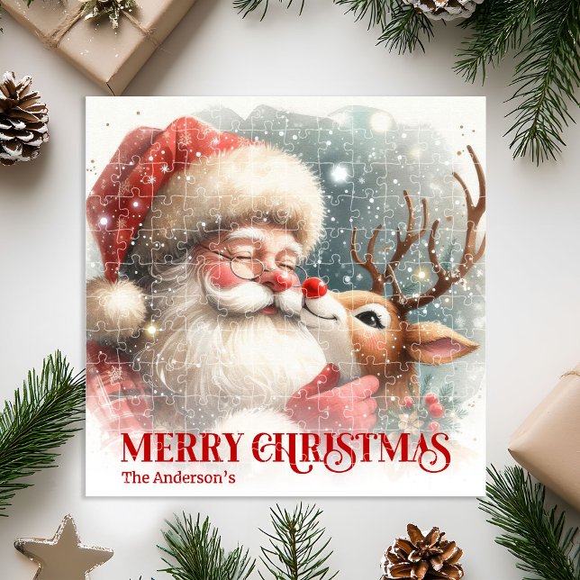 Quebra-cabeça Papai Noel Alegre Rudolph Personalizado Natal Cria (Joyful Santa Rudolph Personalized Christmas Kids Gift Puzzle

)