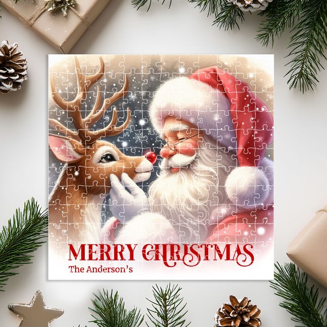 Quebra-cabeça Papai Noel Bonito Rudolph Natal Férias   (Cute Classic Santa and Rudolph Christmas Jigsaw Puzzle)