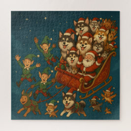 Quebra-cabeça Papai Noel com cachorrinhos alegres e elfos!