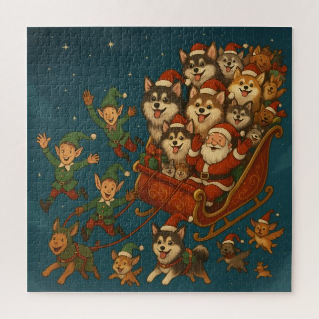Quebra-cabeça Papai Noel com cachorrinhos alegres e elfos! (Vertical)