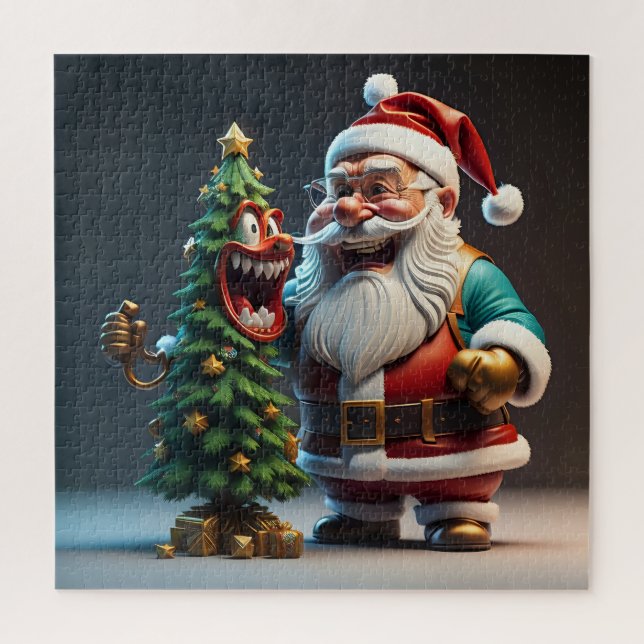 Quebra-cabeça Papai Noel com uma Árvore de Natal Engraçado (Vertical)