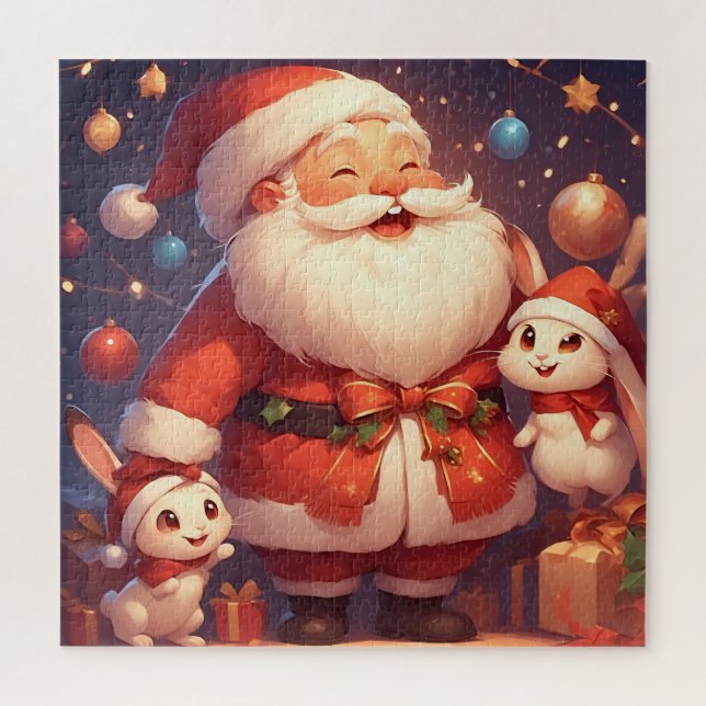 Quebra-cabeça Papai Noel e Dois Coelhos Alegres (Vertical)