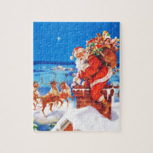 Quebra-cabeça Papai Noel e sua rena acima no telhado
