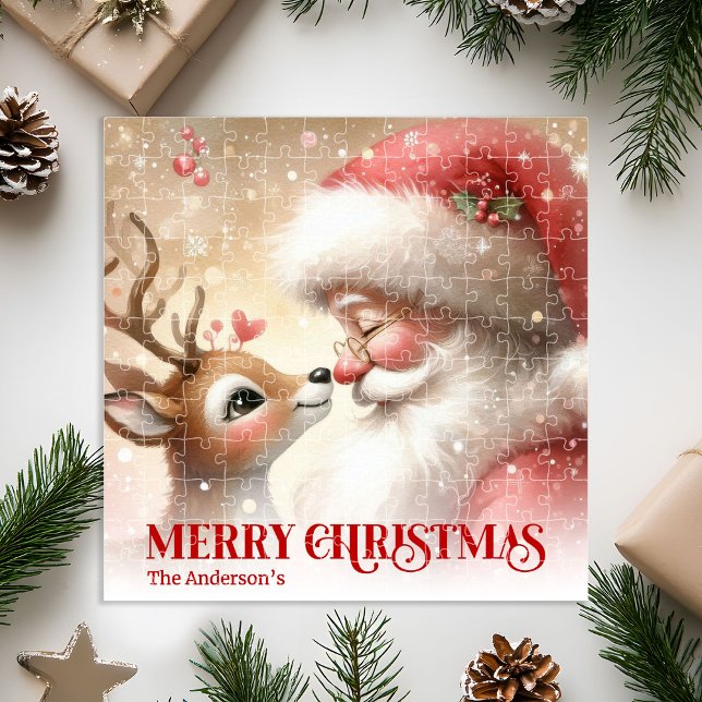 Quebra-cabeça Papai Noel Festivo Rudolph Presente Personalizado  (Festive Santa Claus Rudolph Personalized Kids Holiday Puzzle

)