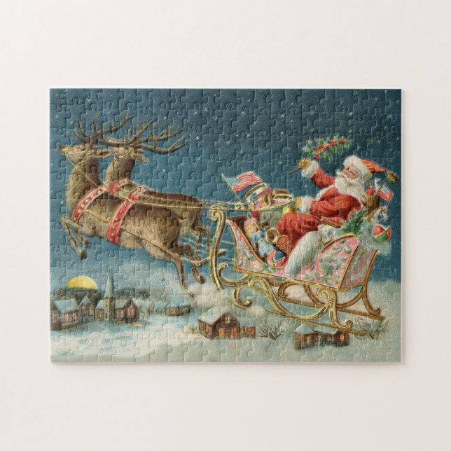 Quebra-cabeça Papai Noel Natal Antigo Trenó Rena (Horizontal)