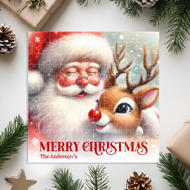 Quebra-cabeça Papai Noel Personalizado e Rudolph Natal Crianças  (Personalized Santa and Rudolph Christmas Kids Puzzle)