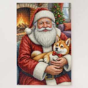 Quebra-cabeça Papai Noel segurando a arte de Natal da Akita